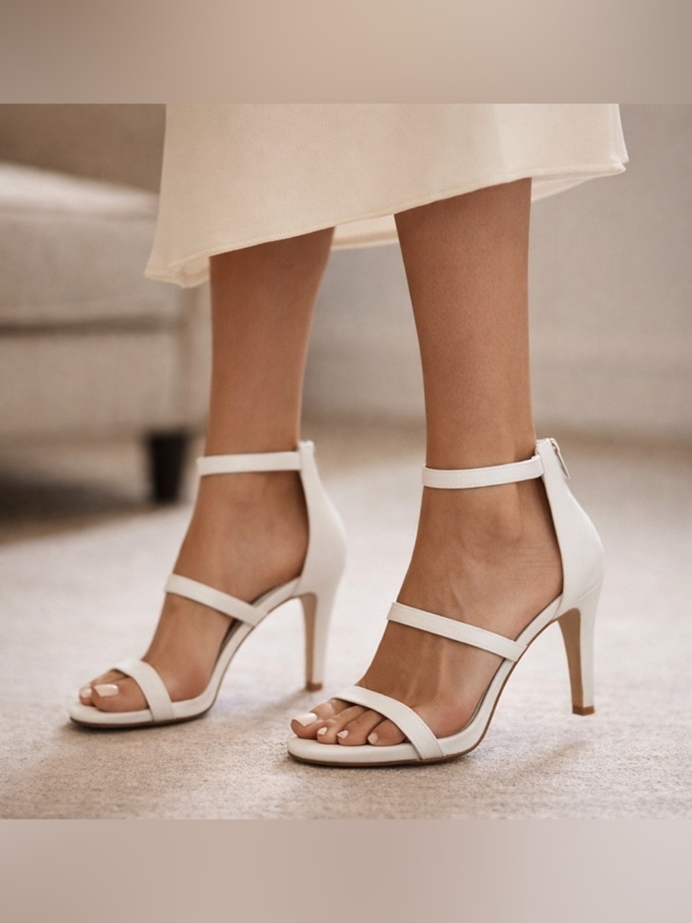 COURTNEE barbiecore feminine white ankle strap heels/size 8M